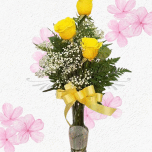 Florerito regalón en 3 rosas, follaje verde, ilusión y lindo lazo