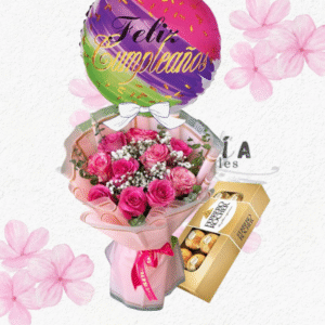 Ramo en 10 rosas, Globo y chocolates ferreros rocher 100grs