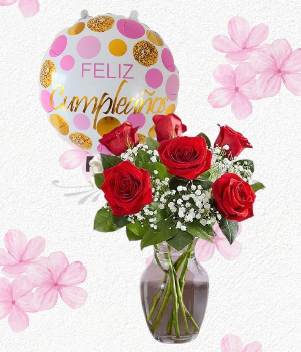 Florero en 6 rosas y globito