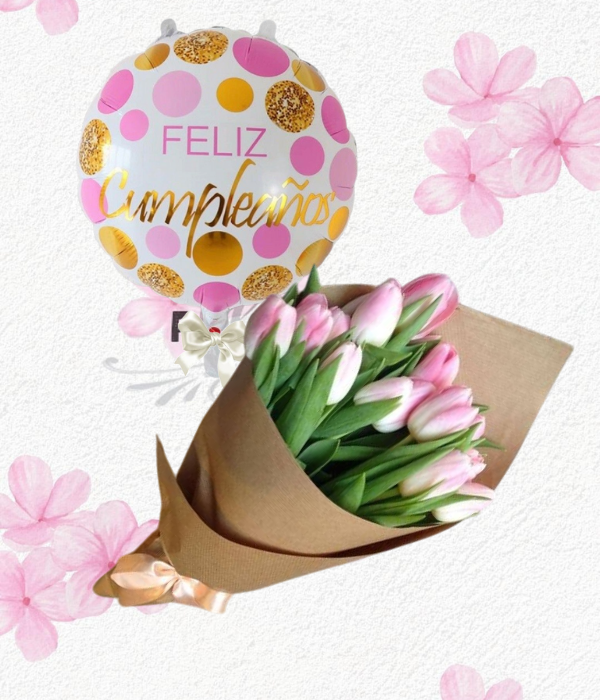 Ramo cono en 20 tulipanes y globito