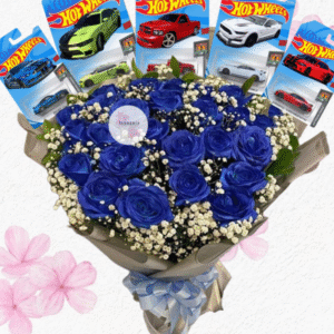 Ramo bouque en 20 rosas importadas y 5 Carritos HOT WHEELS