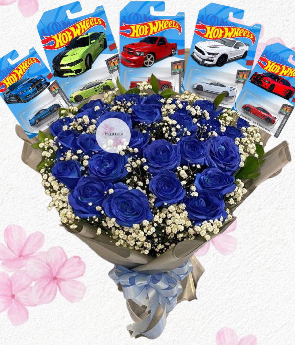 Ramo bouque en 20 rosas importadas y 5 Carritos HOT WHEELS