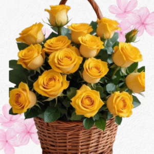 Canasta alegría, 15 delicadas rosas importadas, follaje e eucaliptus