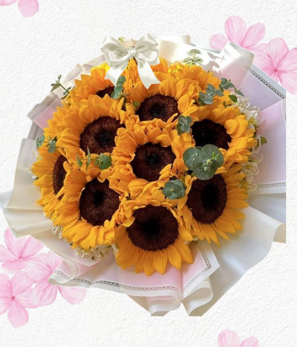 Ramo bouquet en 12 girasoles, follaje y elegante envoltorio