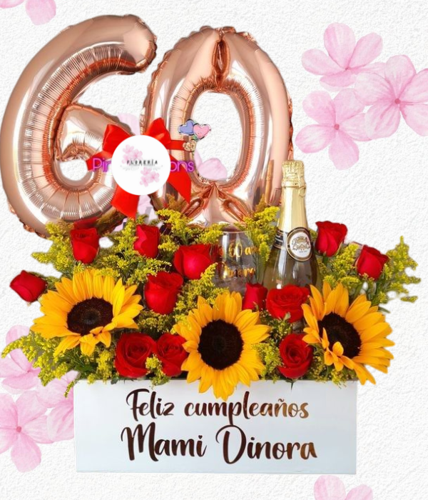 Box tendencia pación en girasoles, rosas, Globos, Vino y copa