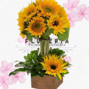 Arreglo base árbol en 7 girasoles y follaje verde