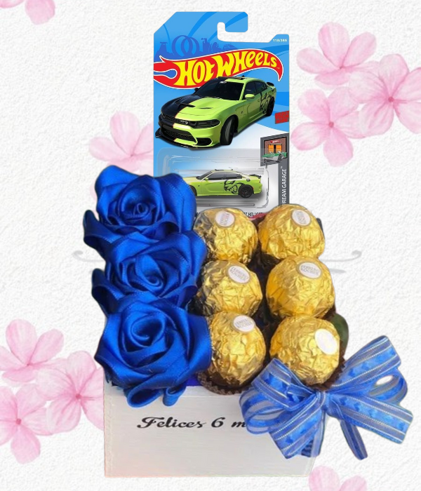 Box cuadrado en 3 rositas de jabón y 6 bombones ferrero y carrito