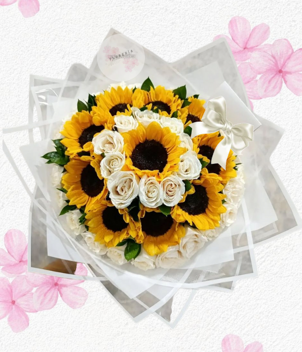 Ramo elegancia en tendencia, 10 girasoles y 30 rosas importadas