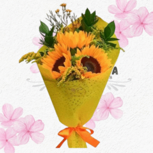 Delicado ramito en 3 girasoles, follaje y lindo envoltorio