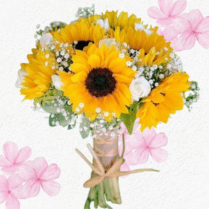 Ramo tipo bouquet en 7 girasoles,  gypsophila y follaje verde