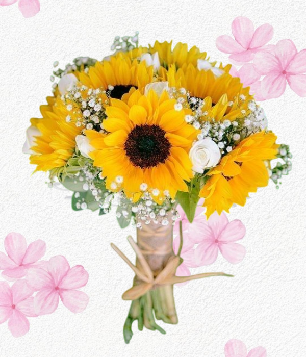 Ramo tipo bouquet en 7 girasoles,  gypsophila y follaje verde