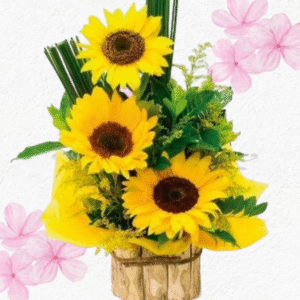 Arreglo en base de madera en 3 girasoles y follaje