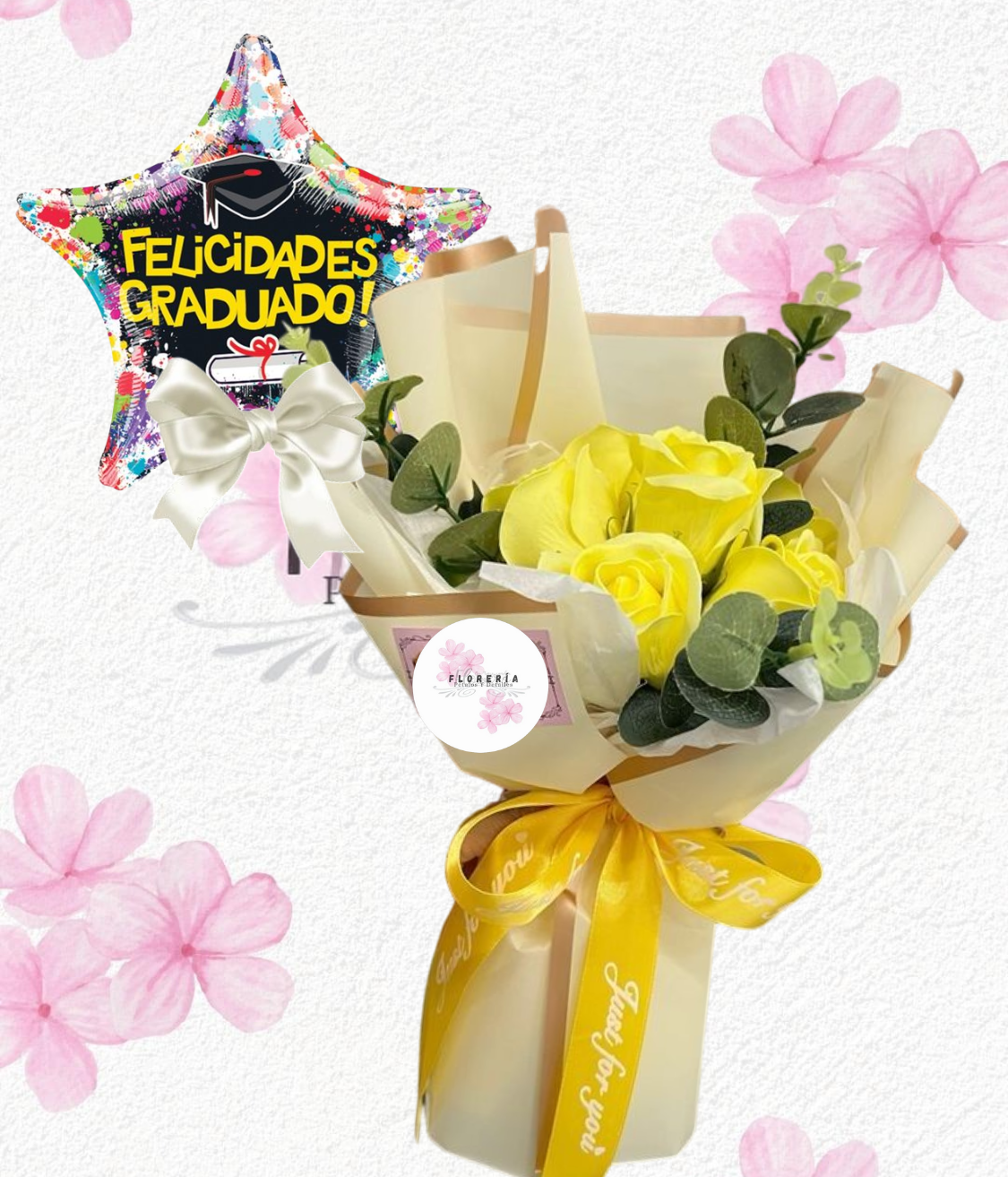 Ramo bouquet en 4 rositas de jabón, lazo y globito