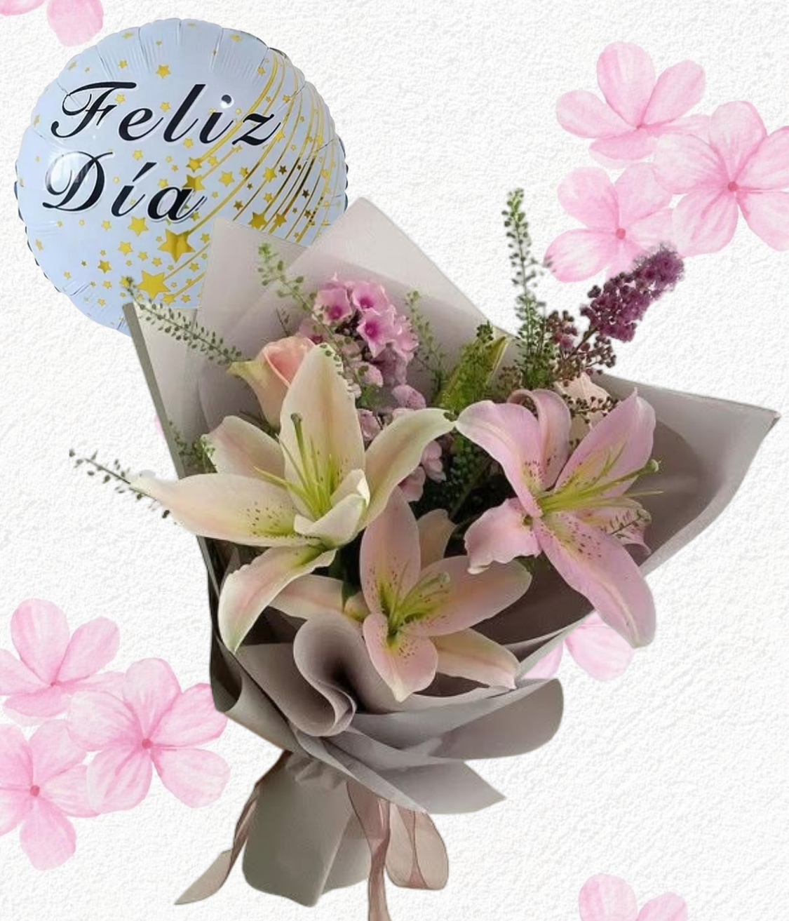 Ramito elegance en 3 delicados lilium y globito