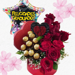 Box corazón en 10 rosas importadas, 10 bombones y globito