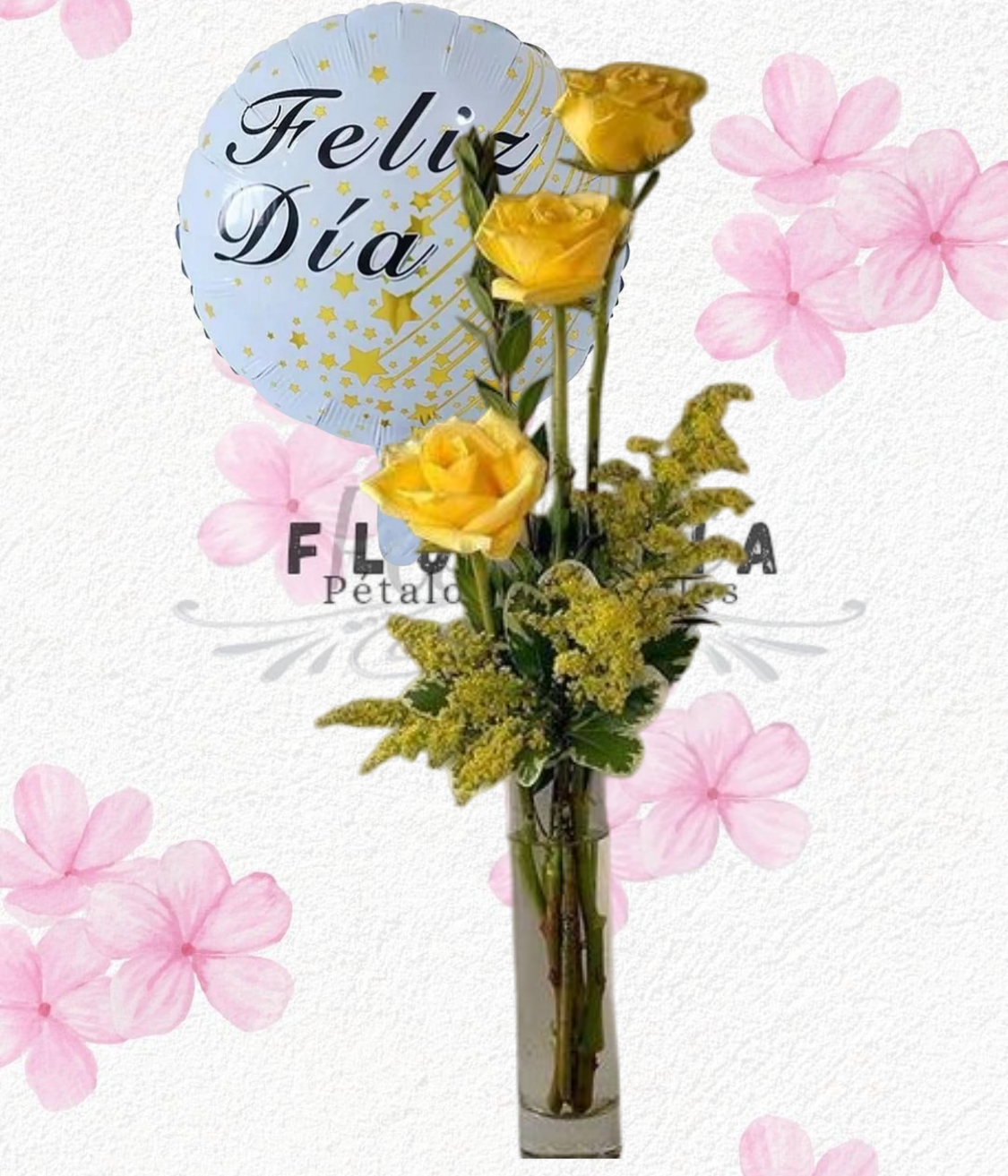 Florerito del día en 3 rosas importadas y globito