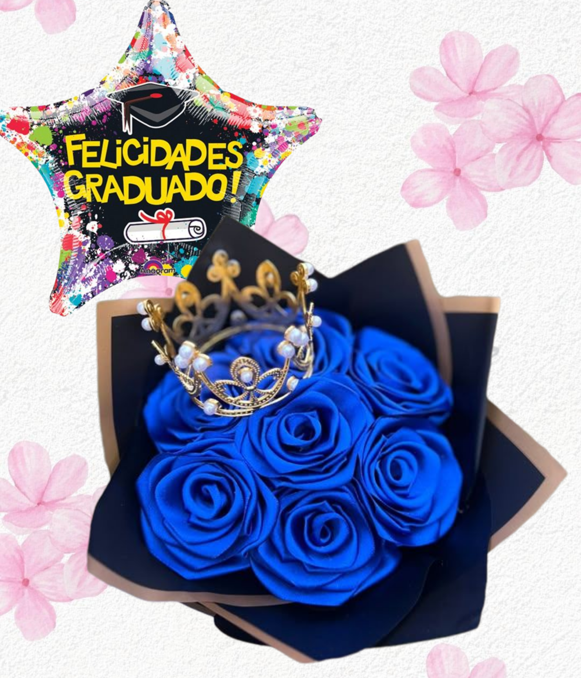 Ramito en 7 rositas de jabón, coronita y globito