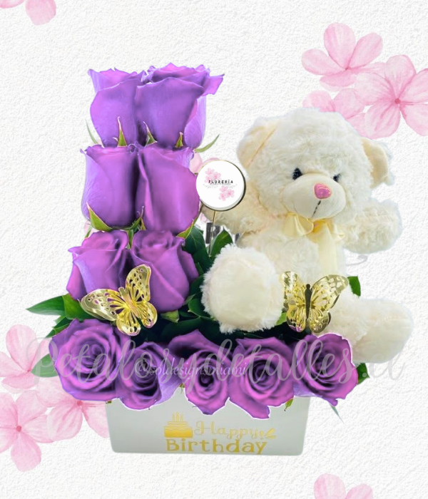 Arreglo peluche en 11 rosas importadas, follaje y 2 maripositas