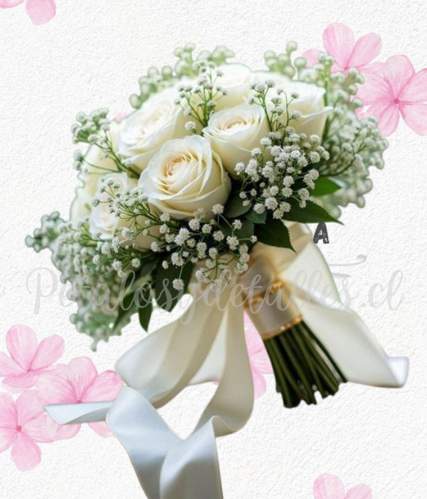Ramo bouque NOVIA en 15 rosas, ilusión y tallos en cinta