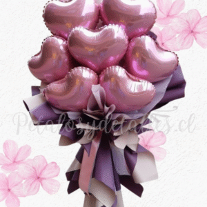 Ramo en globos de corazones y lindo envoltorio lila o rosado