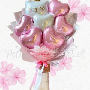 Ramo corazones, globito de motivo, envoltorio en tonos rosita