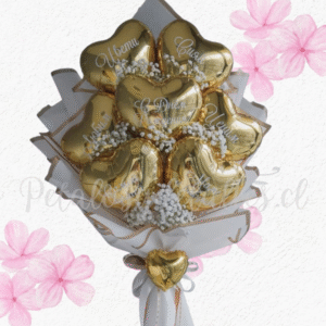 Ramo en corazones dorados y lindo envoltorio en tono blanco