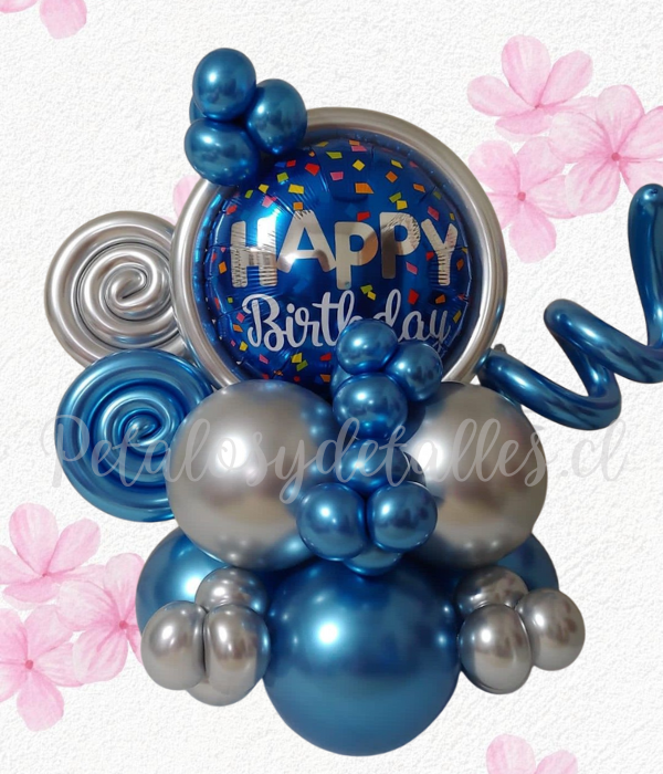 Bouquet espirales, globo y bombas decorativas Happy