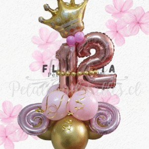 Bouquet princesa cumpleañera, globos y bombas decorativas