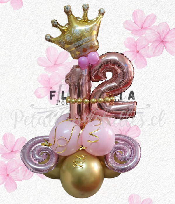 Bouquet princesa cumpleañera, globos y bombas decorativas
