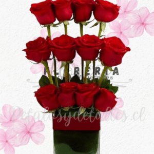 Cubo vidrio escala en 12 rosas importadas y follaje verde