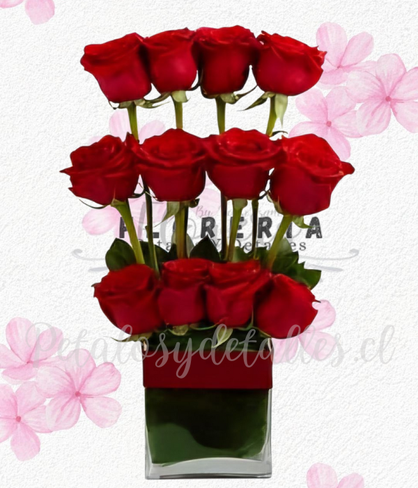 Cubo vidrio escala en 12 rosas importadas y follaje verde