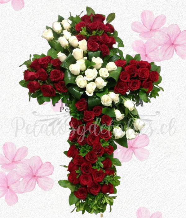 Corona cruz fúnebre Partida al cielo, 100 rosas importadas 80cm