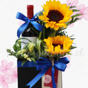 Box cuadrado, 2 girasoles, follaje verde y vino presentación 375ml
