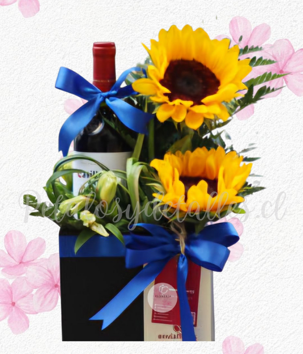 Box cuadrado, 2 girasoles, follaje verde y vino presentación 375ml