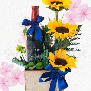 Base cuadrado, 3 girasoles, follaje verde y vino presentación 375ml