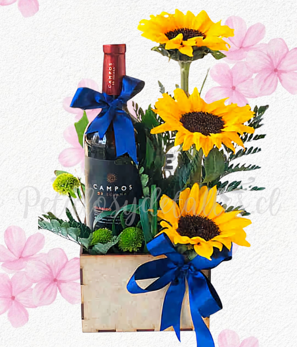 Base cuadrado, 3 girasoles, follaje verde y vino presentación 375ml