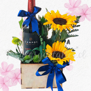 Base cuadrado, 2 girasoles, follaje verde y vino presentación 375ml