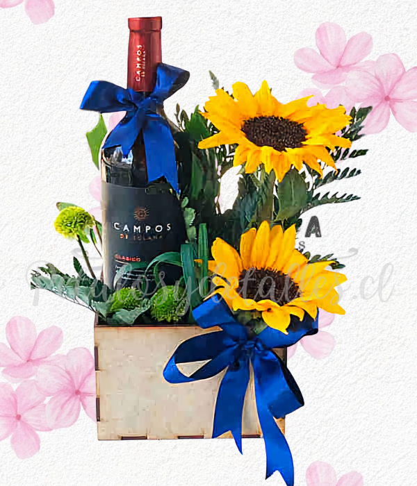 Base cuadrado, 2 girasoles, follaje verde y vino presentación 375ml