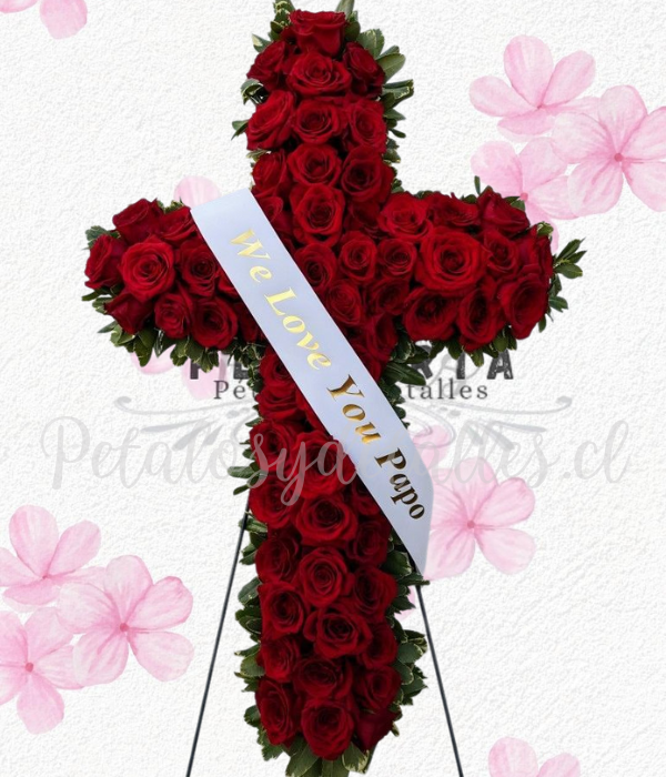 Corona cruz fúnebre en 65 rosas importadas, cinta y atril