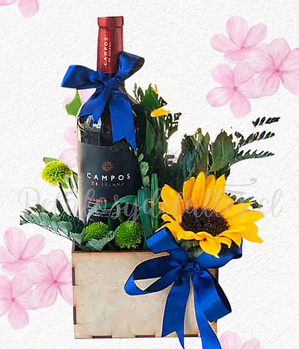 Base cuadrada, en girasoles, follaje y vino presentación 375ml
