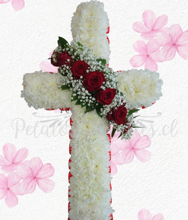 Cruz flechazo en medio con 6 rosas importadas y margaritas