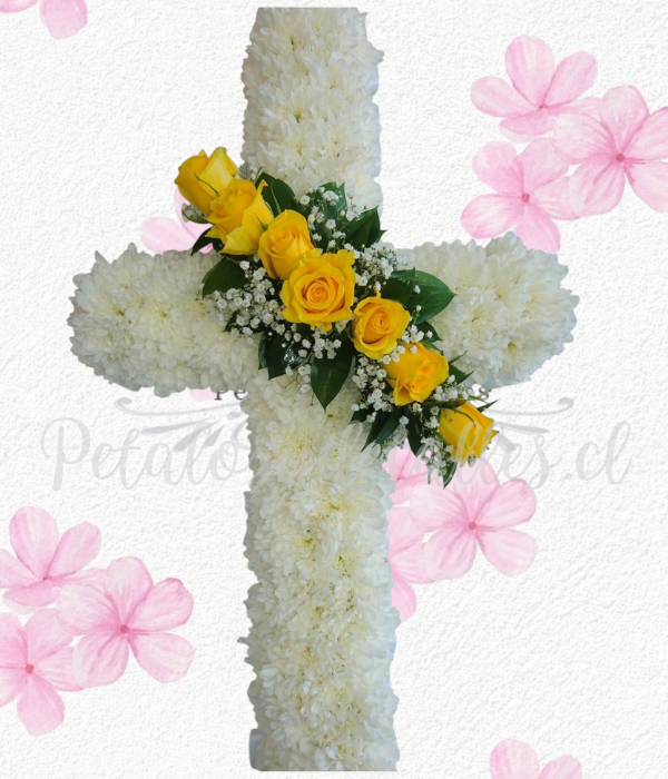 Cruz flechazo en medio con 7 rosas importadas y margaritas