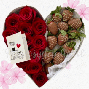 Caja corazon en 12 rosas importadas, 12 frutillas decoradas