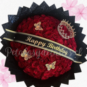 Ramo bouquet buchon en 50 rosas, cinta personalizada, mariposas