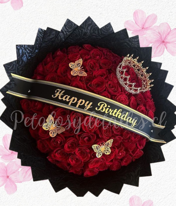 Ramo bouquet buchon en 50 rosas, cinta personalizada, mariposas