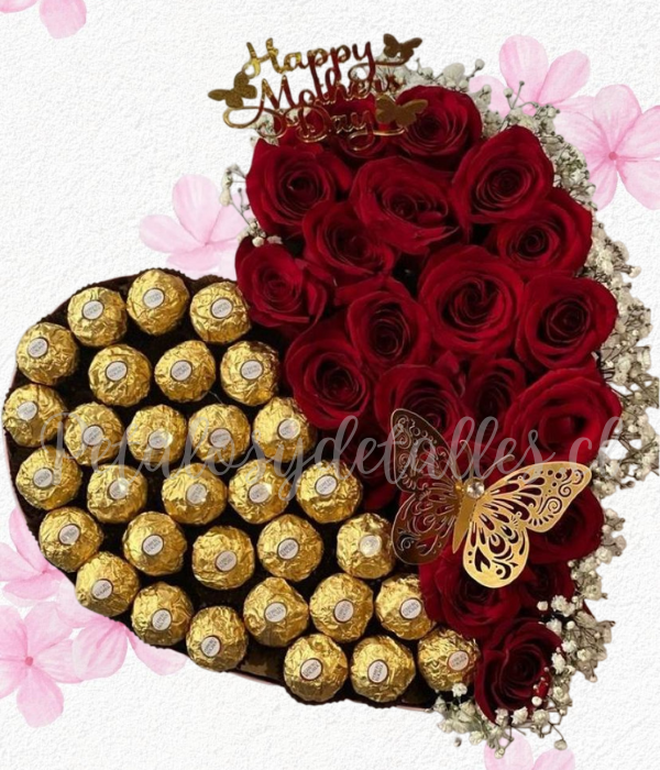 Mega box tendencia, 20 rosas importadas y 30 bombones ferreros