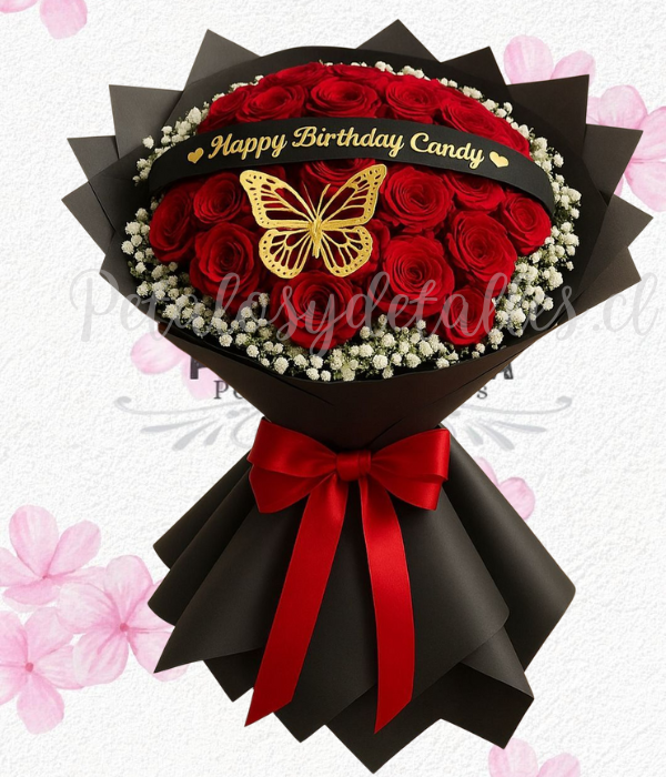 Ramo bouquet en 35 rosas importadas rodeado de ilusión y cinta