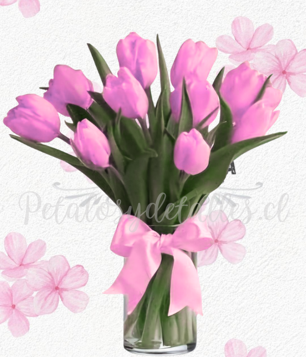 Florero cilindro vidrio GIRL en 10 delicados tulipanes rosita