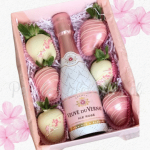 Elegante caja decorada con 6 frutillas y champaña