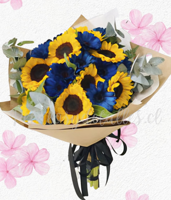 Ramo bouquet,10 girasoles y margaritas tinturadas(Color a Elección)